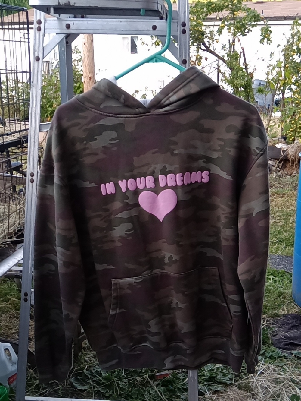 Women's Camouflage Hoodie with Pink Heart Graphic